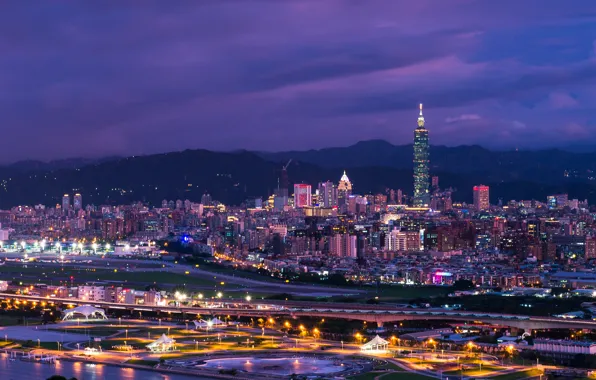 Ночь, город, огни, дома, небоскребы, Taipei