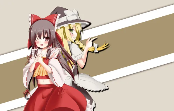 Бант, жрица, подмигивание, косичка, спина к спине, шляпа ведьмы, Hakurei Reimu, Touhou Project