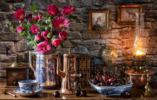 Картинка цветы, стиль, ягоды, стена, книги, лампа, лиса, кружка