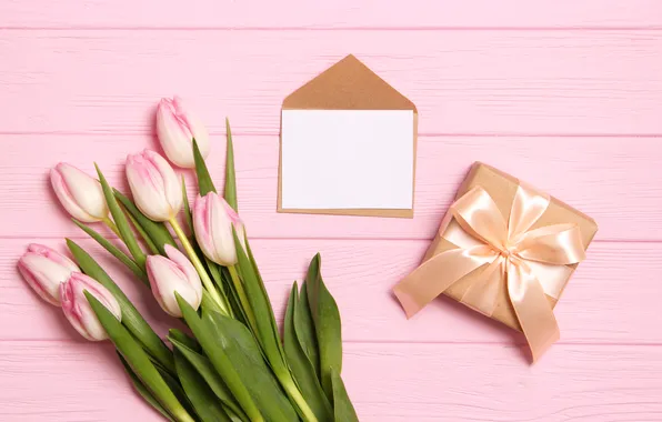 Картинка цветы, подарок, букет, тюльпаны, розовые, wood, pink, flowers