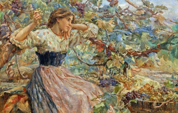 Девушка, Картина, Виноград, Alessandro Battaglia, Алессандро Батталья, Сбор винограда, Итальянский живописец