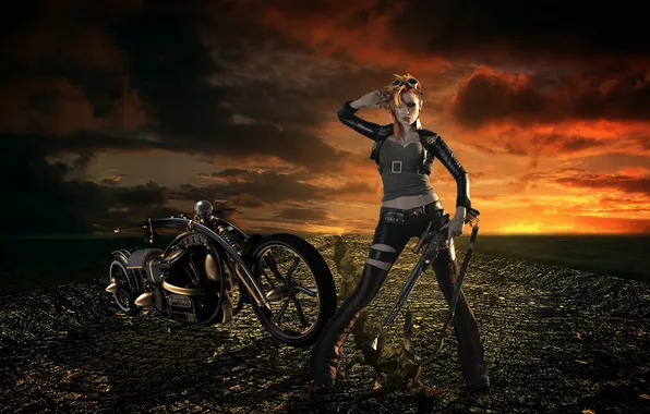Картинка девушка, оружие, мотоцикл