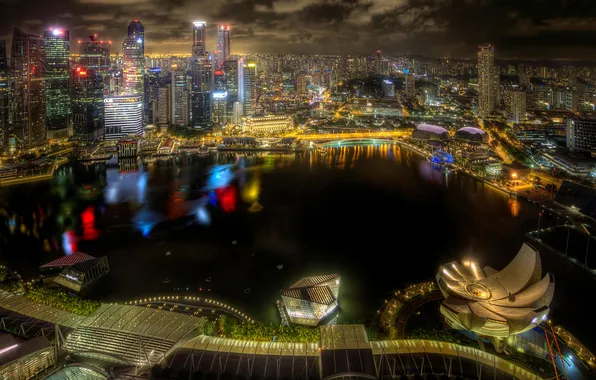 Картинка ночь, огни, здания, HDR, небоскребы, Сингапур