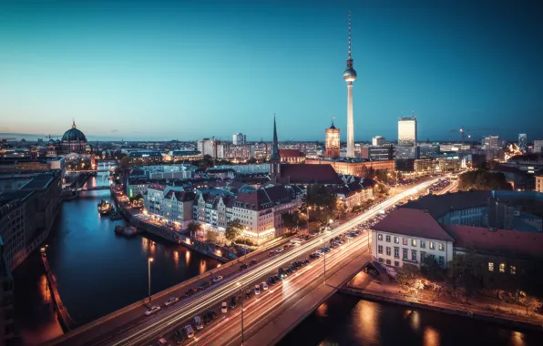 Картинка lights, twilight, river, bridge, Germany, night, dusk, traffic