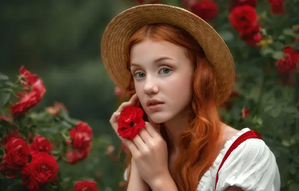 Цветок, лето, взгляд, девушка, цветы, природа, лицо, поза