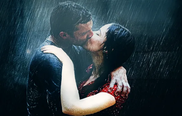 Дождь, поцелуй, пара, kiss