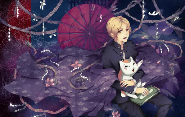 Кот, магия, узор, зонт, веревки, плащ, natsume yuujinchou, тетрадь дружбы нацумэ