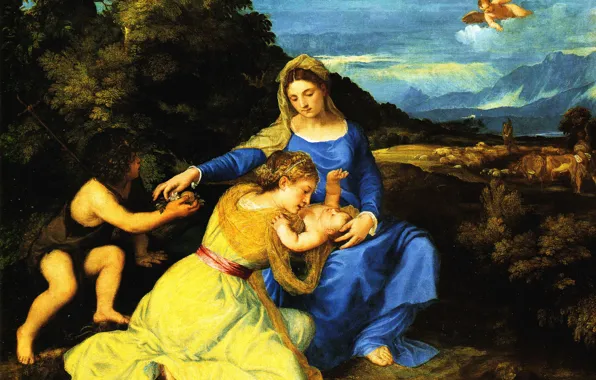 Картинка картина, религия, Тициан, мифология, Мадонна с Младенцем маленьким Иоаном Крестителем, Tiziano Vecellio