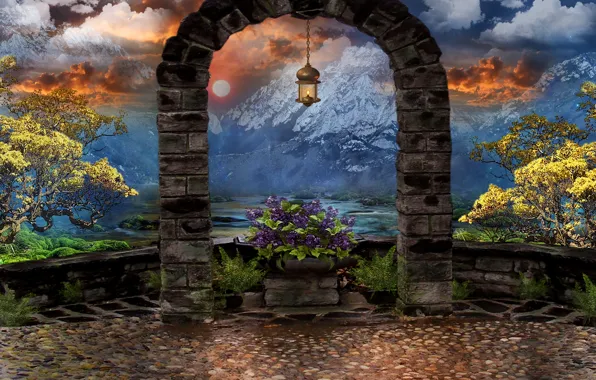 Картинка небо, облака, деревья, цветы, горы, арт, фонарь, арка