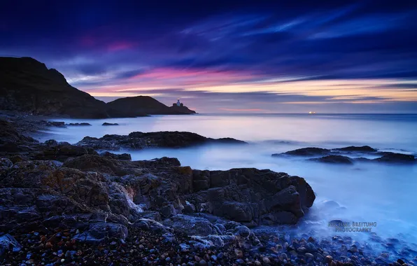 Море, ночь, берег, маяк, Великобритания, Уэльс, Michael Breitung
