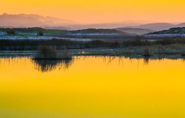 Небо, закат, горы, озеро