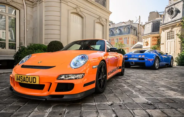 Картинка 911, Porsche, Bugatti, Veyron, Orange, Sky, Blue, Front