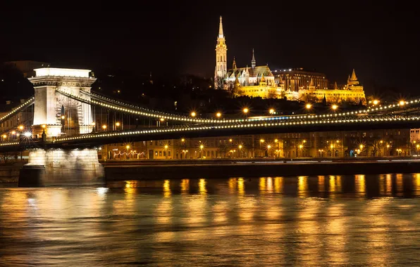 Картинка ночь, мост, огни, река, Венгрия, Будапешт