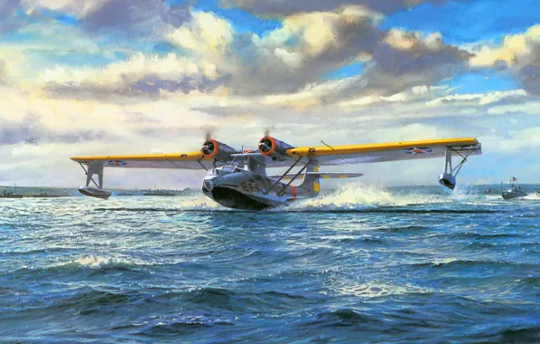 Картинка рисунок, морской патрульный бомбардировщик, летающая лодка, Consolidated PBY Catalina