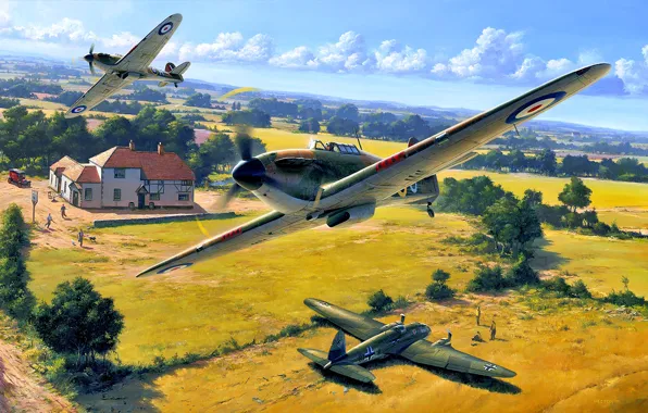 Картинка Деревья, Дом, Hurricane, RAF, летчики, He.111, Heinkel 111, Hawker Hurricane Mk.I