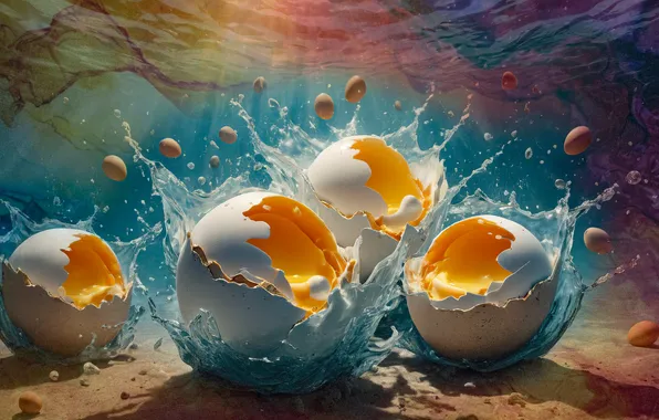 Вода, свет, брызги, яйца, тени, скорлупа, желток, голубой фон