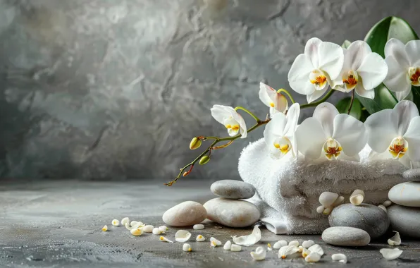 Цветы, галька, камни, полотенце, лепестки, белые, серый фон, орхидеи