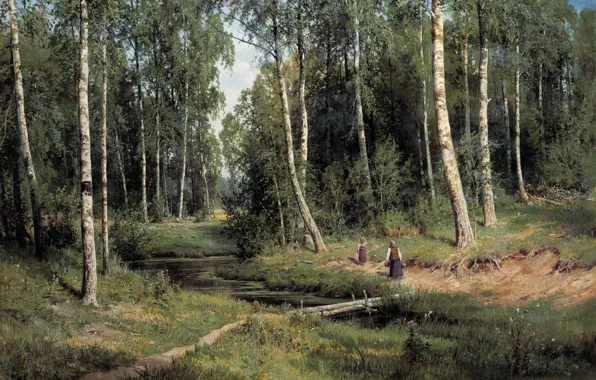 Картина, Ручей, Шишкин, лесу, в берёзовом