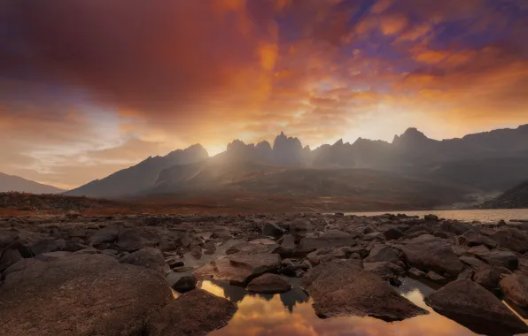 Вода, закат, горы, озеро, камни, Канада, Tombstone Territorial Park
