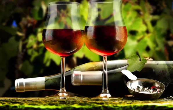 Листья, вино, красное, бокалы, бутылки