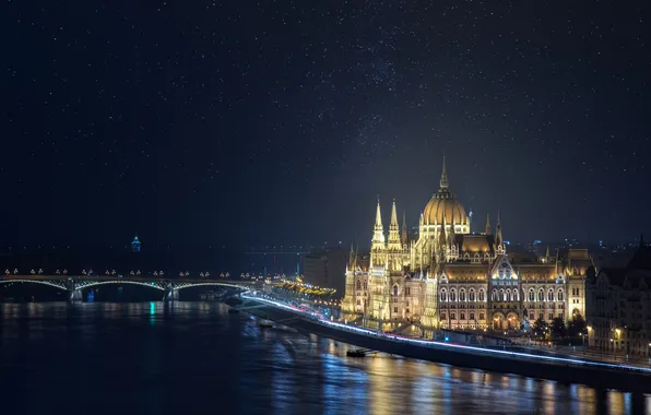 Ночь, мост, река, архитектура, ночной город, Венгрия, Hungary, Будапешт