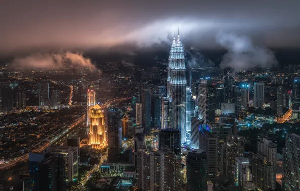 Город, огни, панорама, Kuala Lumpur, Куала-Лумпур, Столица Малайзии