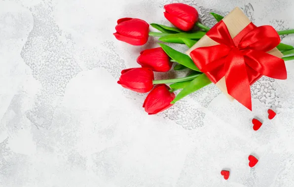 Любовь, цветы, подарок, букет, лента, сердечки, тюльпаны, красные