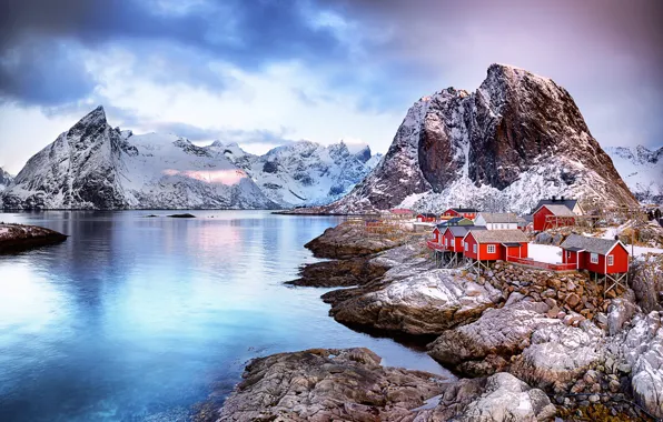 Картинка зима, горы, скалы, Норвегия, городок, север, поселение, Лофотенские острова