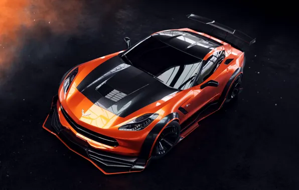 Авто, Corvette, Машина, Оранжевый, Car, Рендеринг, Stingray, Corvette Stingray
