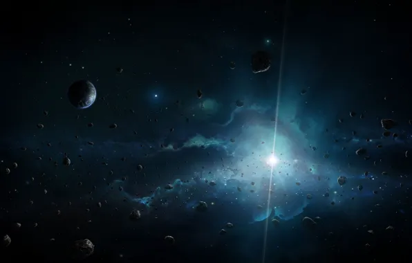 Картинка космос, звезда, планеты, астероиды, арт, яркая, Divine