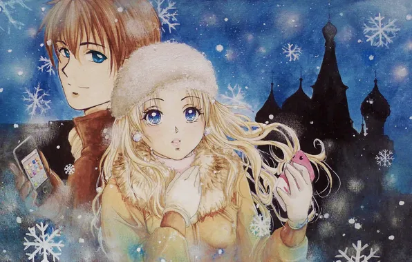 Картинка холод, зима, взгляд, девушка, снег, лицо, аниме, перчатки