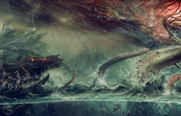 Картинка fantasy, ocean, water, tree, destruction, Kraken, mythological monster