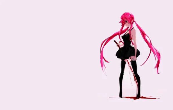 Sword, blood, pink hair, long hair, black stockings, anime, stockings, Mirai Nikki