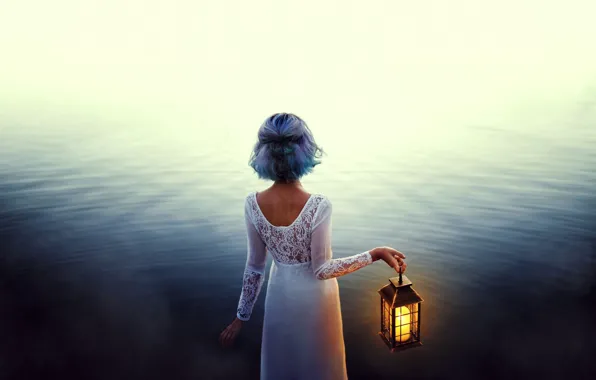 Картинка вода, девушка, настроение, платье, фонарь, голубые волосы, Valentina Diaz