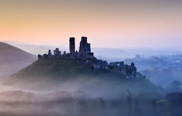 Картинка горы, туман, холмы, Англия, Дорсет, замок Корф