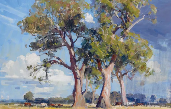 Животные, деревья, пейзаж, картина, The Three Gums, Arthur Streeton