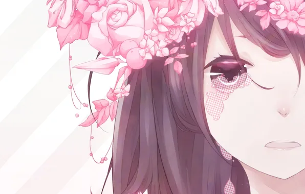 Картинка глаза, девушка, цветы, лицо, розы, аниме, слезы, арт