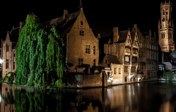 Ночь, огни, дома, канал, Бельгия, Bruges