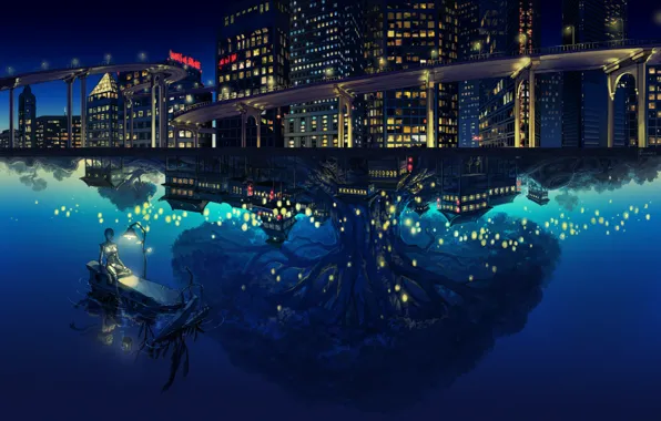 Картинка город, отражение, дерево, лодка, робот