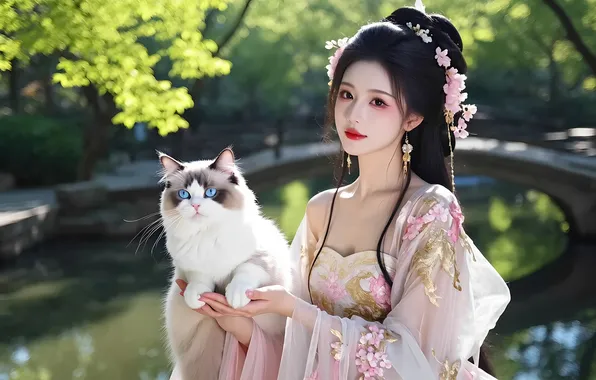Кот, девушка, озеро, пруд, платье, китаянка, азиатка, длинные волосы