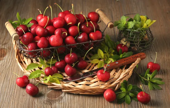 Картинка листья, ягоды, корзина, красные, мята, вишни