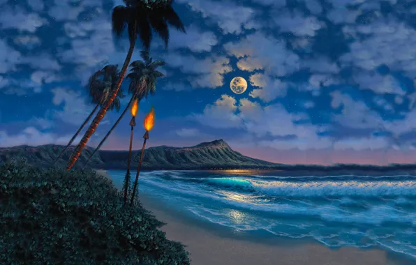 Картинка пляж, небо, облака, пальмы, Океан, Луна, факелы
