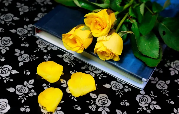 Цветы, узор, роза, розы, букет, желтые, лепестки, книга