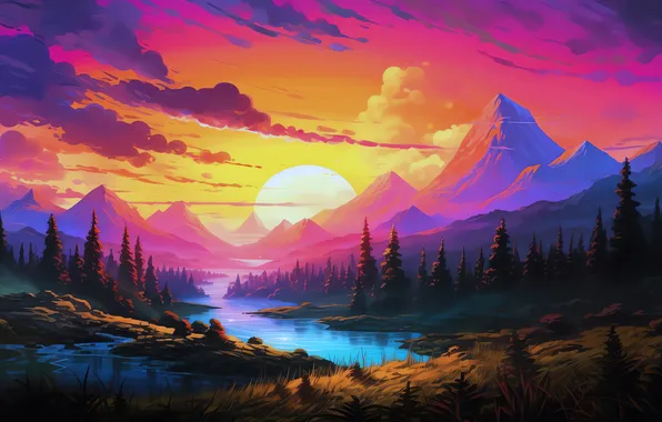 Картинка river, sunset, scenery, digital art, mountain top, AI art