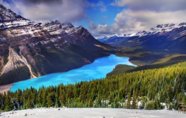 Картинка зима, лес, снег, деревья, горы, озеро, ель, канада