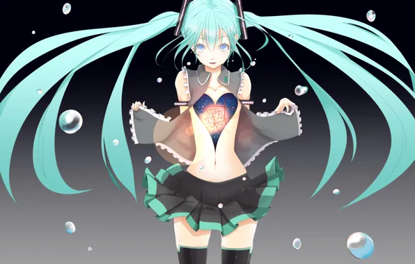 Девушка, пузыри, сердце, аниме, арт, vocaloid, hatsune miku, вокалоид