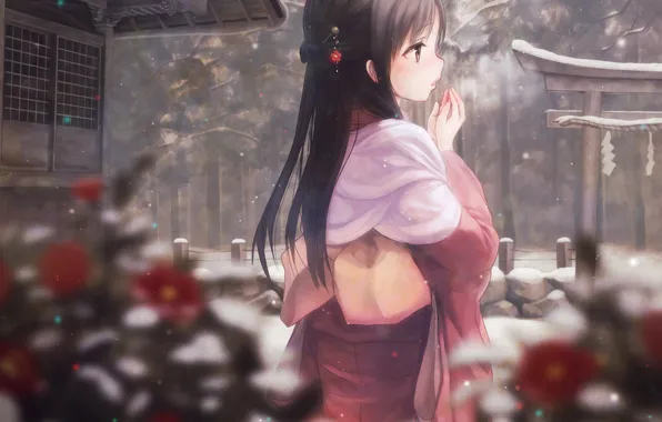 Картинка зима, девушка, деревья, природа, аниме, арт, пар, кимоно