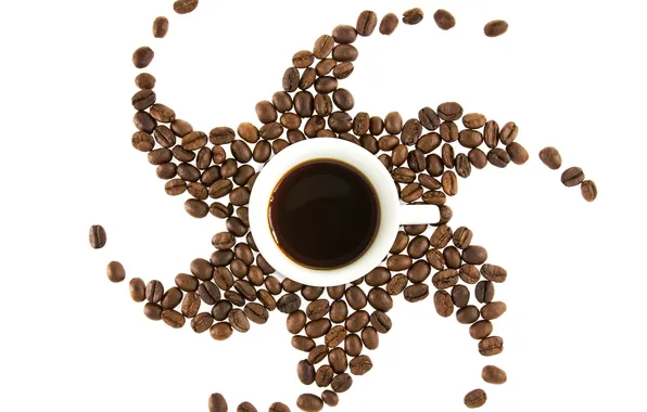 Кофе, зерна, чашка, солнышко, cup, beans, coffee