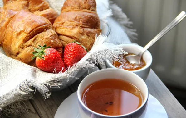 Чай, завтрак, клубника, выпечка, cup, джем, croissant, breakfast