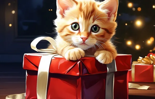 Кошка, взгляд, поза, котенок, рыжий, Рождество, подарки, милый